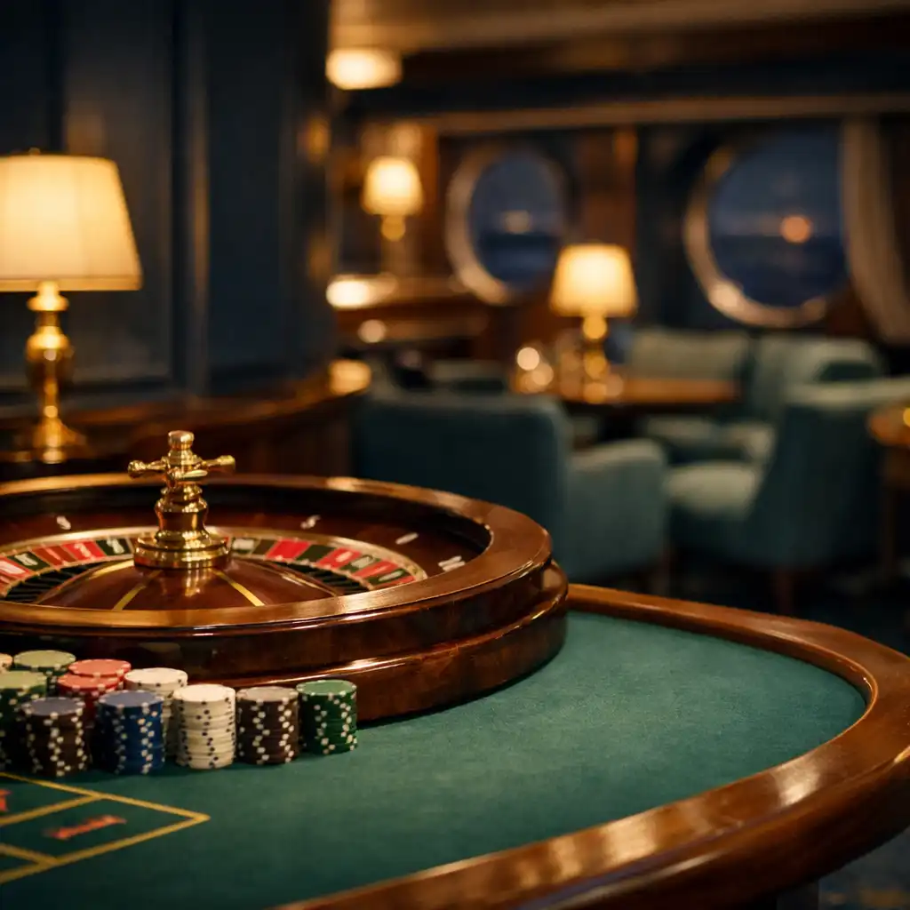 Stonowane wnętrze kasyna na statku z ruletką, żetonami i fragmentem stołu pokerowego