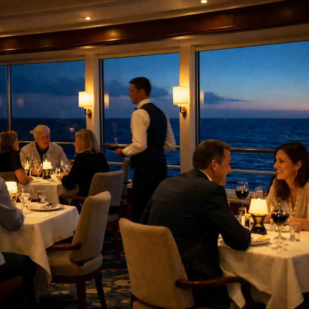 Goście jedzą kolację w eleganckiej restauracji statku, za oknami widać morze